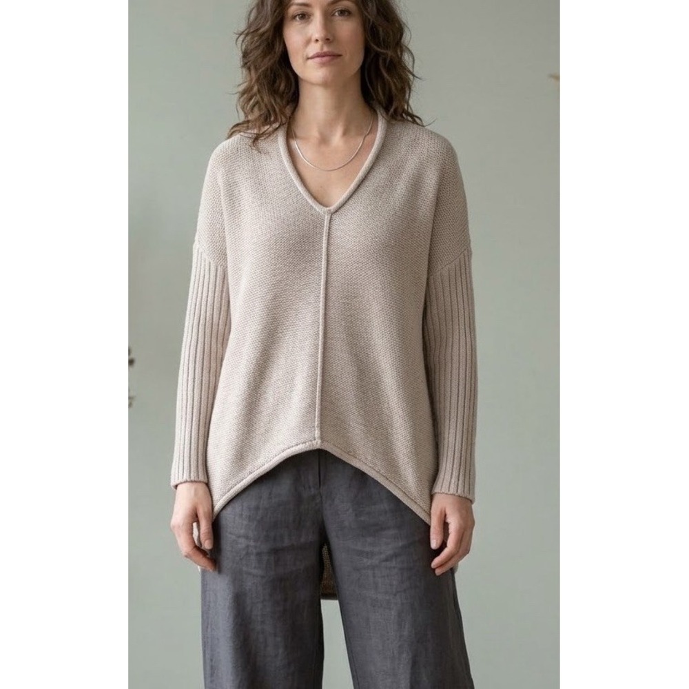 PURE Handknit Tunic Sweater Womens Sz M/L Pullover V-neck Lagenlook Beige Cotton